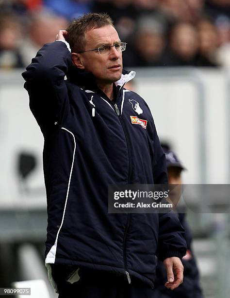 Head coach Ralf Rangnick of Hoffenheim reacts during the Bundesliga match between 1899 Hoffenheim and SC Freiburg at the Rhein-Neckar Arena on March...