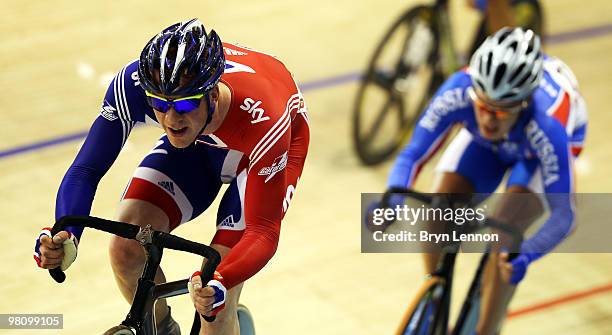 Ed Clancy of Great Britain in action in the Men's Omnium Points Race during day five of the UCI Track Cycling World Championships at the Ballerup...