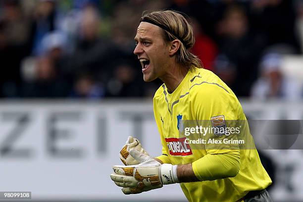 Goalkeeper Timo Hildebrand of Hoffenheim reacts during the Bundesliga match between 1899 Hoffenheim and SC Freiburg at the Rhein-Neckar Arena on...