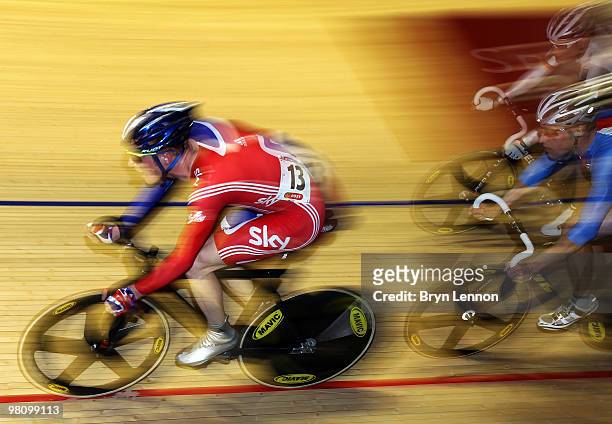 Ed Clancy of Great Britain in action in the Men's Omnium Points Race during day five of the UCI Track Cycling World Championships at the Ballerup...