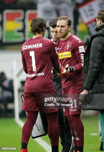 Goalkeeper Tobias Sippel of Moenchengladbach comes on as a substitute for Goalkeeper Yann Sommer of Moenchengladbach during the Bundesliga match...