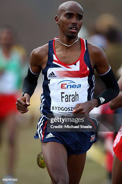 Mo Farah of Great Britain in the Senior Men's race during the Iaaf World Cross Country Championships at Myslecinek Park on March 28, 2010 in...