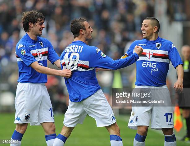 Andrea Poli, Stefano Guberti and Angelo Palombo of UC Sampdoria celebrate the opening goal scored by Stefano Guberti during the Serie A match between...
