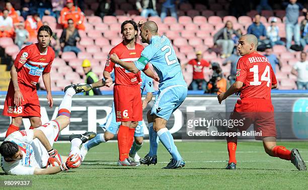 Paolo Cannavaro of Napoli scores the opening goal during the Serie A match between SSC Napoli and Catania Calcio at Stadio San Paolo on March 28,...