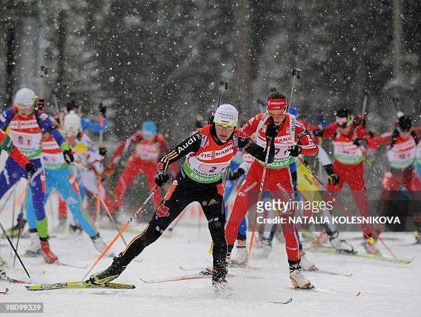 Germany's Simone Hauswald races to place first in the Mixed Relay at the IBU World Biathlon Championships in the Siberian city of Khanty-Mansiysk on...