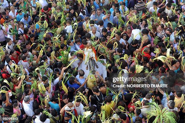 Catholic faithfuls wave palm branches during a procession on Palm Sunday, in Capiata, Paraguay, on March 28, 2010. Palm Sunday recalls Jesus'...