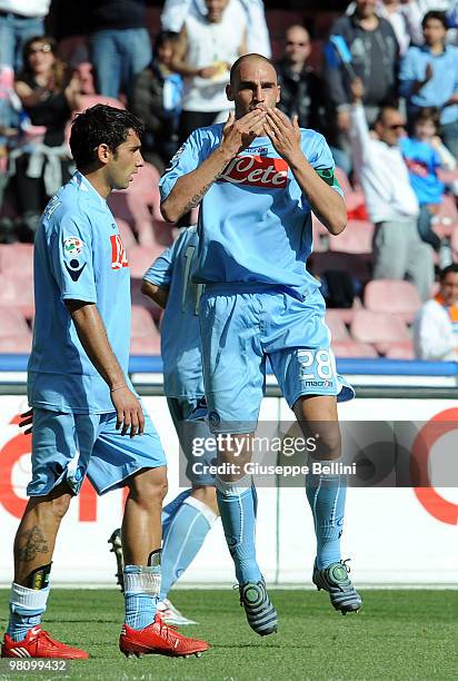 Paolo Cannavaro of Napoli celebrates after scoring the opening goal during the Serie A match between SSC Napoli and Catania Calcio at Stadio San...