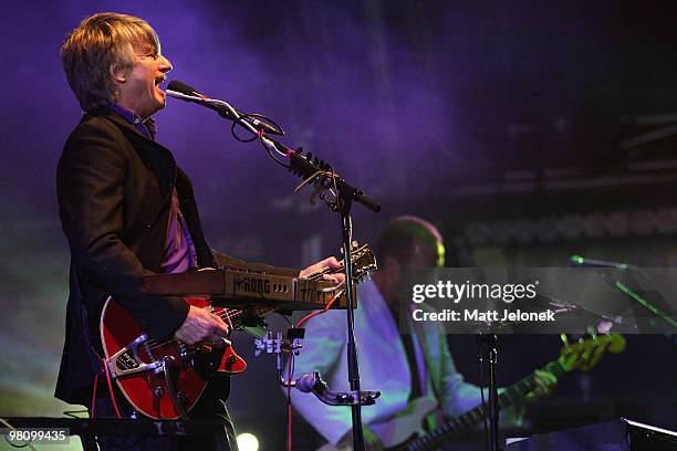 Neil Finn of Crowded House performs on stage in concert at the West Coast Bluesfest one day festival at Fremantle Park on March 28, 2010 in Perth,...