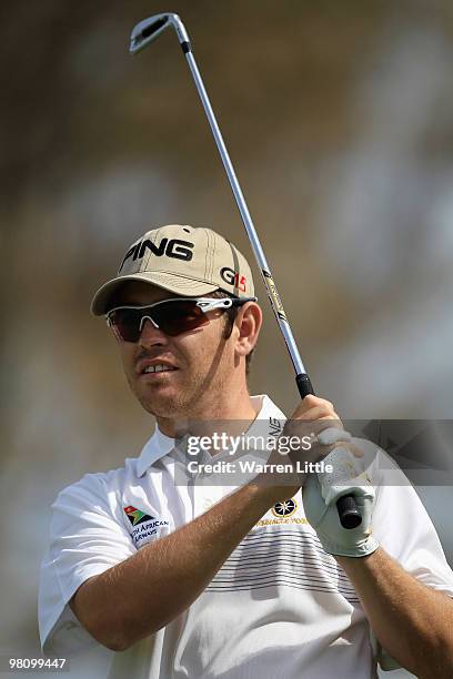 Louis Oosthuizen plays hia second shot into the fourth green during the fourth round of the Open de Andalucia 2010 at Parador de Malaga Golf on March...