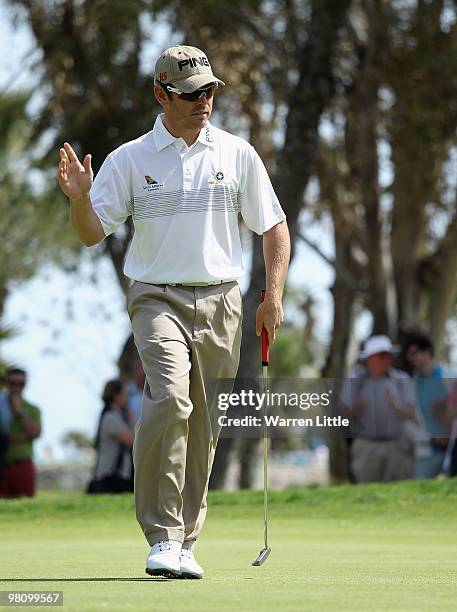 Louis Oosthuizen of South Africa acknowledges the crowd on the sixth green during the fourth round of the Open de Andalucia 2010 at Parador de Malaga...