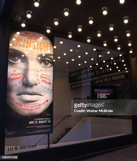 Theatre Marquee for the Off-Broadway Opening Night photo call for the Roundabout Theatre Production of 'Skintight ' starring Idina Menzel at the...