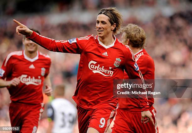 Fernando Torres of Liverpool celebrates scoring the opening goal during the Barclays Premier League match between Liverpool and Sunderland at Anfield...