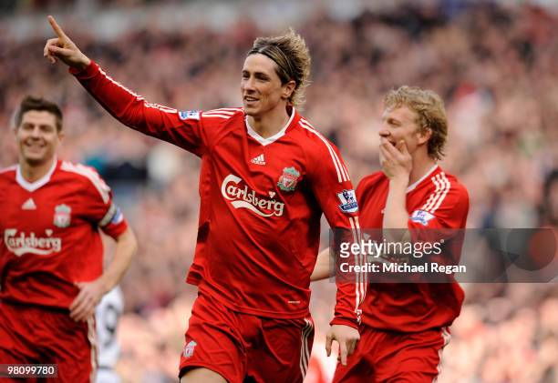 Fernando Torres of Liverpool celebrates scoring the opening goal during the Barclays Premier League match between Liverpool and Sunderland at Anfield...