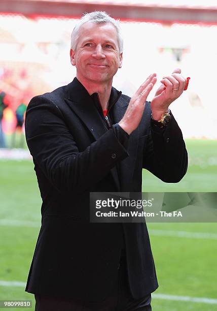 Southampton manager Alan Pardew celebrates after winning the Johnstone's Paint trophy Final between Southampton v Carlisle United at Wembley Stadium...