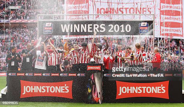 Southampton players celebrates after winning the Johnstone's Paint trophy Final between Southampton v Carlisle United at Wembley Stadium on March 28,...