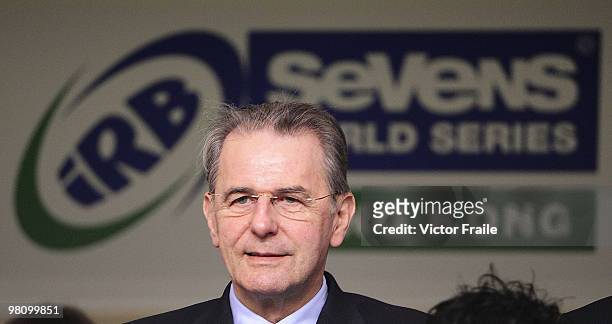 President Jacques Rogge is pictured in front a IRB Sevens World Series logo on day three of the IRB Hong Kong Sevens on March 28, 2010 in Hong Kong....