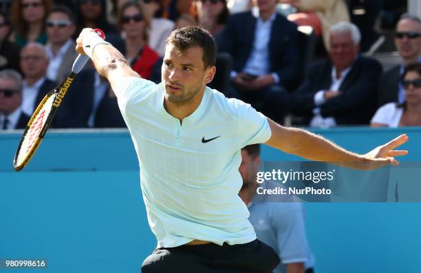 Grigor Dimitrov in action during Fever-Tree Championships 2nd Round match between Novak Djokovic against Grigor Dimitrov at The Queen's Club, London,...