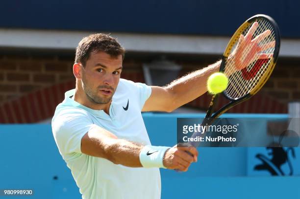 Grigor Dimitrov in action during Fever-Tree Championships 2nd Round match between Novak Djokovic against Grigor Dimitrov at The Queen's Club, London,...