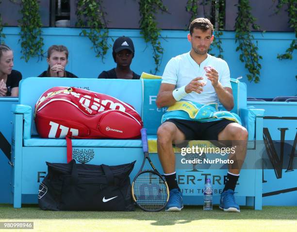 Grigor Dimitrov in action during Fever-Tree Championships 2nd Round match between Novak Djokovic against Grigor Dimitrov at The Queen's Club, London,...