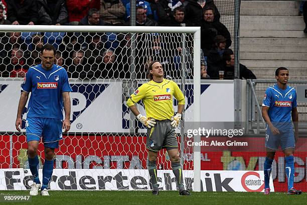 Josip Simunic, Timo Hildebrand and Luiz Gustavo of Hoffenheim react after a goal during the Bundesliga match between 1899 Hoffenheim and SC Freiburg...
