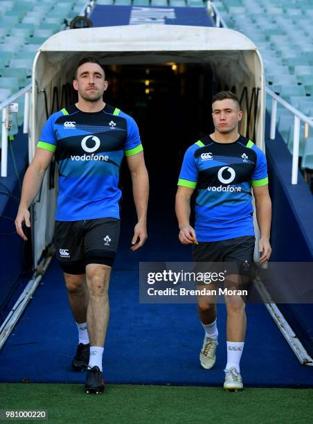 Sydney , Australia - 22 June 2018; Jack Conan, left, and Jordan Larmour during the Ireland rugby squad captain's run at Allianz Stadium in Sydney,...