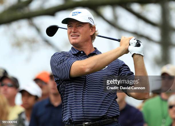 Ernie Els of South Africa watches his tee shot on the third hole during the final round of the Arnold Palmer Invitational presented by Mastercard at...