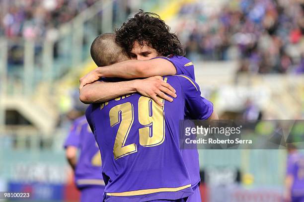 Stevan Jovetic of Fiorentina celebrates during the Serie A match between ACF Fiorentina and Udinese Calcio at Stadio Artemio Franchi on March 28,...
