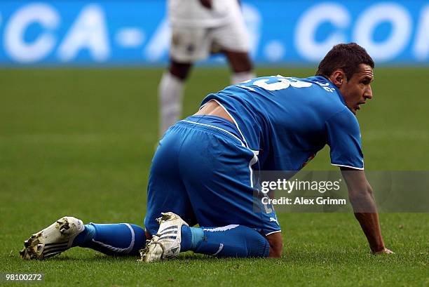 Sejad Salihovic of Hoffenheim reacts during the Bundesliga match between 1899 Hoffenheim and SC Freiburg at the Rhein-Neckar Arena on March 28, 2010...