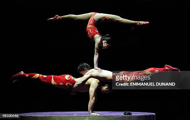 Ringling Bros. And Barnum & Bailey circus artists "The Ulaanbaatar Ballerina" perform during Barnum's FUNundrum in New York on March 26, 2010....