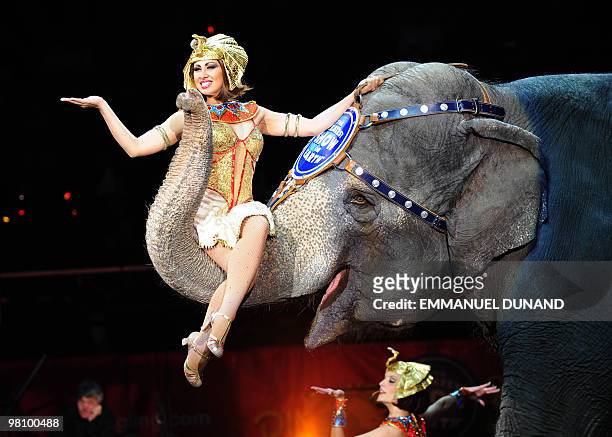 Ringling Bros. And Barnum & Bailey circus artists and elephants perform during Barnum's FUNundrum in New York on March 26, 2010. Barnum's FUNdrum,...