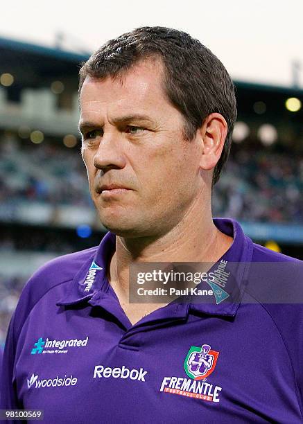 Mark Harvey, coach of the Dockers looks on during the round one AFL match between the Fremantle Dockers and the Adelaide Crows at Subiaco Oval on...