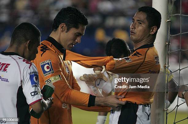 Players Tomas Campos , Christian Martinez and Julio Daniel Frias of Indios during their match against Atlante as part of 2010 Bicentenario Tournament...
