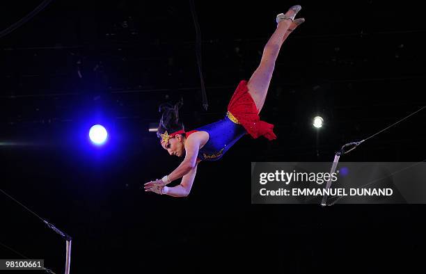 Ringling Bros. And Barnum & Bailey circus artists "Flying Caceres" perform during Barnum's FUNundrum in New York on March 26, 2010. Barnum's FUNdrum,...