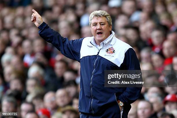 Sunderland Manager Steve Bruce issues instructions during the Barclays Premier League match between Liverpool and Sunderland at Anfield on March 28,...