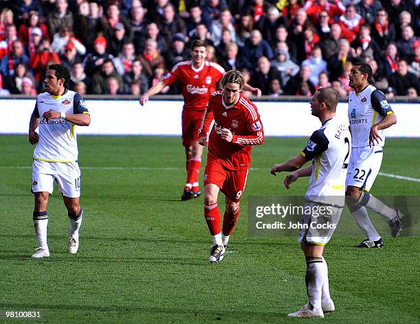 Fernando Torres of Liverpool celebrates scoring during the Barclays Premier League match between Liverpool and Sunderland at Anfield on March 28,...