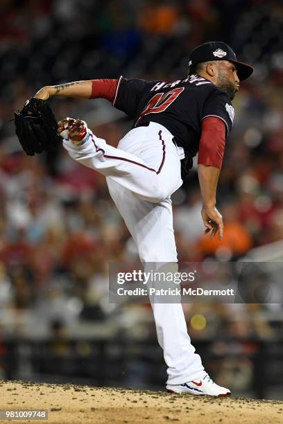 Kelvin Herrera of the Washington Nationals pitches in the eighth inning against the Baltimore Orioles at Nationals Park on June 19, 2018 in...