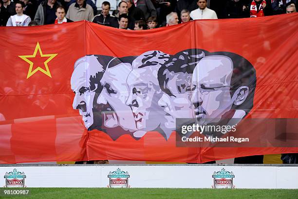 Liverpool fans display a banner showing Liverpool Managers past and present on the Kop prior to the Barclays Premier League match between Liverpool...