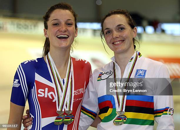 Elizabeth Armitstead and Victoria Pendleton pose with their medals at the end of the UCI Track Cycling World Championships at the Ballerup Super...