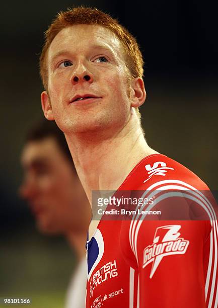Ed Clancy of Great Britain stands on the podium after winning the Men's Omnium on day five of the UCI Track Cycling World Championships at the...