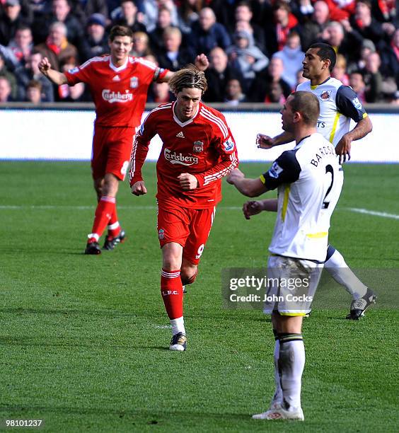 Fernando Torres of Liverpool celebrates during the Barclays Premier League match between Liverpool and Sunderland at Anfield on March 28, 2010 in...