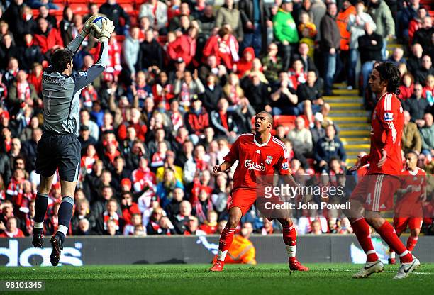 David Ngog of Liverpool has a shot but Craig Gordon of Sunderland saves it during the Barclays Premier League match between Liverpool and Sunderland...