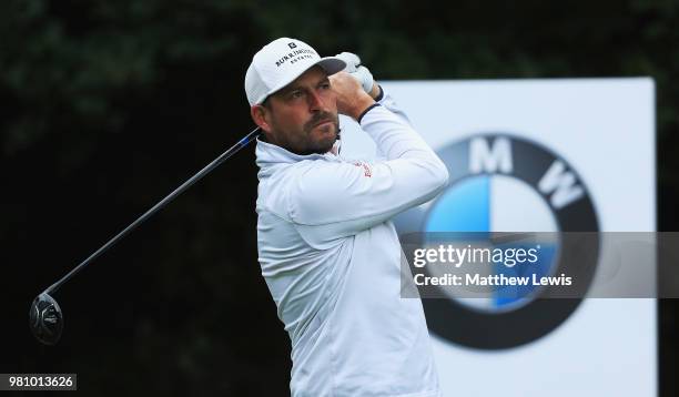 David Howell of England tees off on the 6th hole during day two of the BMW International Open at Golf Club Gut Larchenhof on June 22, 2018 in...