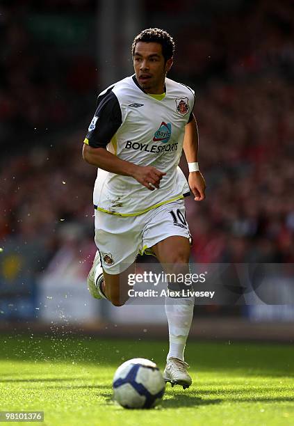 Kieran Richardson of Sunderland in action during the Barclays Premier League match between Liverpool and Sunderland at Anfield on March 28, 2010 in...