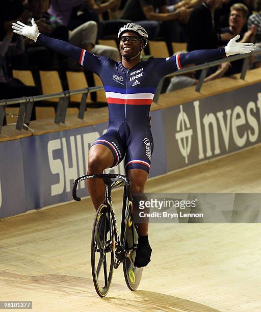 Gregory Bauge of France celebrates winning the Men's Sprint on day five of the UCI Track Cycling World Championships at the Ballerup Super Arena on...