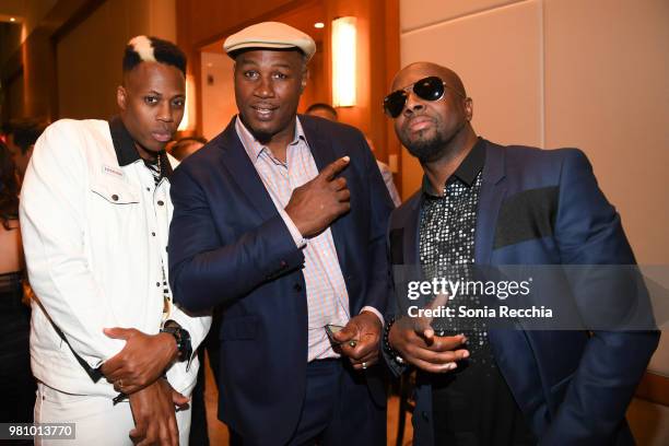 Canadian rapper Kardinal Offishall, professional boxer Lennox Lewis and rapper Wyclef Jean attend Joe Carter Classic After Party at Ritz Carlton on...