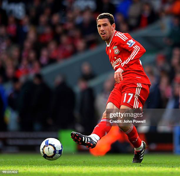 Maxi Rodriguez of Liverpool stock during the Barclays Premier League match between Liverpool and Sunderland at Anfield on March 28, 2010 in...