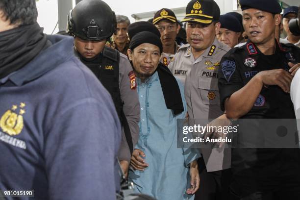 Defendant of terrorism case of Aman Abdurrahman, also known as Oman, after he has been sentenced to death in South Jakarta District Court, Jakarta,...