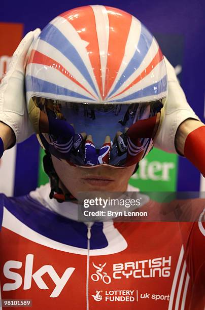 Victoria Pendleton of Great Britain prepares the Final of the Women's Keirin on day five of the UCI Track Cycling World Championships at the Ballerup...