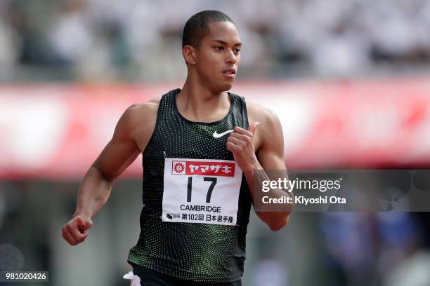 Aska Cambridge reacts after competing in the Men's 100m heat on day one of the 102nd JAAF Athletic Championships at Ishin Me-Life Stadium on June 22,...