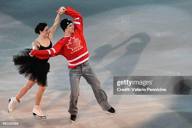 Tessa Virtue and Scott Moir of Canada participate in the Gala Exhibition during the 2010 ISU World Figure Skating Championships on March 28, 2010 in...